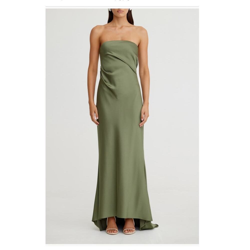 Significant Other Pesto Green Lucile Strapless Satin Wedding Dress with Train 4
